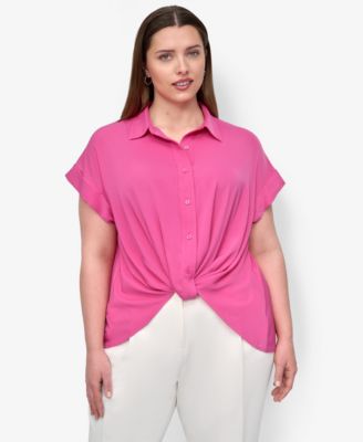 DKNY - Plus Size Collared Twist-Hem Shirt