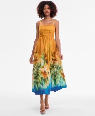 Tahari ASL - Women's Ruched-Bodice Border-Print Midi Dress