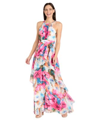 R & M Richards - Women's Floral Chiffon Ruffle-Skirt Halter Dress
