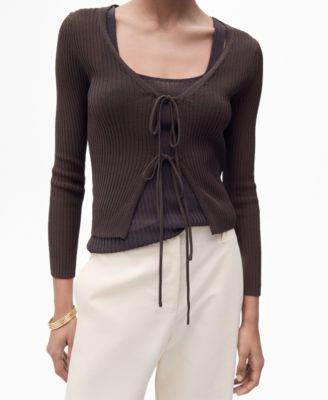 MANGO - Women's Ribbed Knit Bows Cardigan Sweater