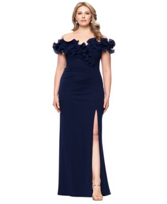 XSCAPE - Plus Size Ruffled Side-Slit Evening Gown