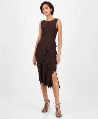 Topson Downs - Women's Round-Neck Printed Asymmetric-Ruffle Dress