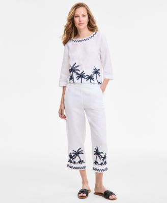 Charter Club - Women's Woven-Applique 100% Linen Pull-On Cropped Pants