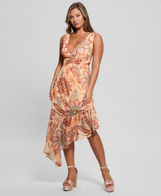GUESS - Women's Sabrina Printed Asymmetric-Ruffle-Hem Dress