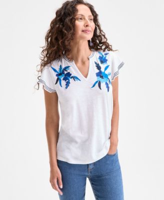 Macy's - Petite Embroidered Cotton Flutter-Sleeve Top, Exclusively at