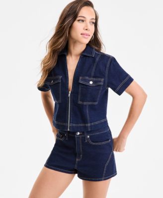 Bar III - Women's Seamed Denim Zip-Front Top