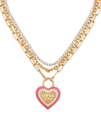 GUESS - Gold-Tone Crystal Logo Heart Layered Pendant Necklace, 18" + 2" extender