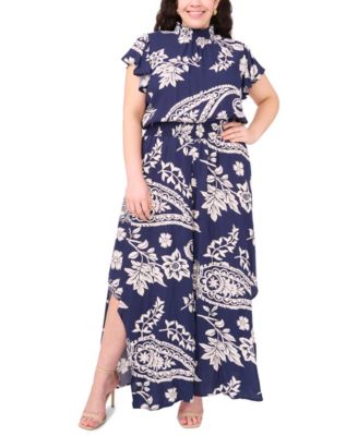 MSK - Plus Size Printed Mock-Neck Short-Sleeve Jumpsuit