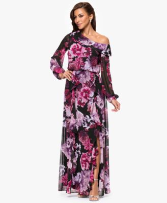 XSCAPE - Women's Printed Asymmetrical Long-Sleeve Maxi Dress