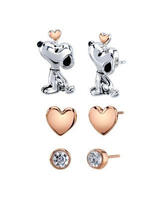 Peanuts - Three Pair Silver Plated Snoopy Earring Set with Rose Gold Heart and CZ Bezel Stud
