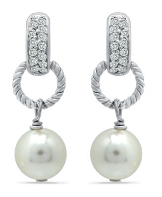 Macy's - Imitation Pearl Pave Cubic Zirconia Doorknocker Drop Earrings Crafted in Fine Silver Plate