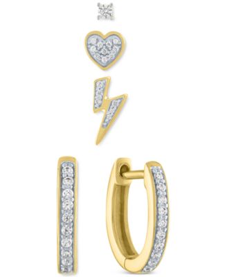 Macy's - 4-Pc. Set Diamond Single Stud Earrings & Hoop Earrings (1/5 ct. t.w.) in 14k Gold-Plated Sterling Silver