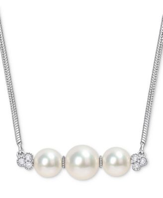 Macy's - Cultured Freshwater Pearl (6 & 7-1/2mm) & White Topaz (1/5 ct. t.w.) Bar 18" Pendant Necklace in Sterling Silver