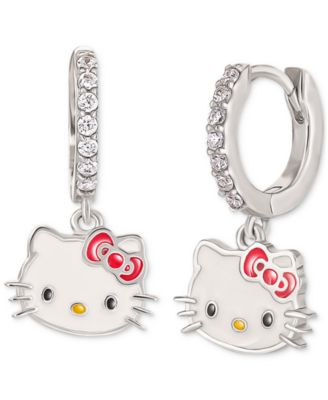 Macy's - Cubic Zirconia & Enamel  Hello Kitty Dangle Hoop Drop Earrings in Sterling Silver