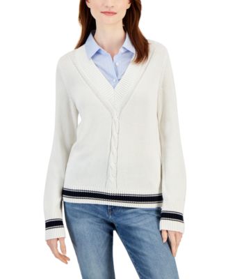 Tommy Hilfiger - Women's Cable-Knit Contrast-Trim V-Neck Sweater