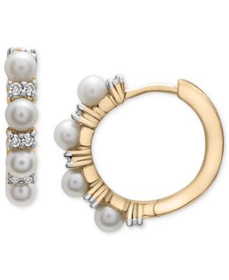 Macy's - Cultured Freshwater Pearl (3mm) & Lab-Created White Sapphire (1/4 ct. t.w.) Small Hoop Earrings in 14k Gold-Plated Sterling Silver, 0.6