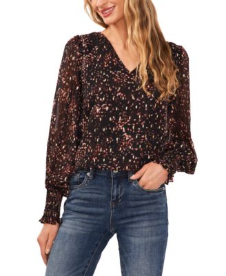 CeCe - Women's Printed Long-Sleeve V-Neck Blouse