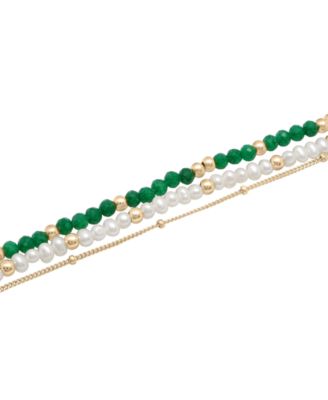 Macy's - Cultured Freshwater Pearl (3 - 3-1/2mm), Dyed Jade, & Polished Bead Triple Layer Bracelet in 14k Gold-Plated Sterling Silver
