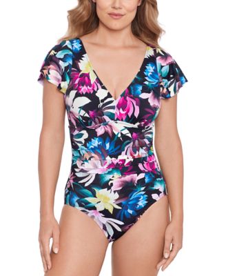 Swim Solutions - Women's Floral-Print Flutter-Sleeve One-Piece Swimsuit