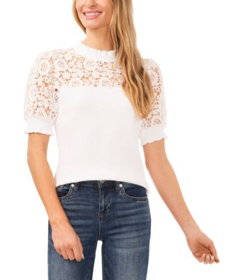 CeCe - Women's Cotton Ruffle-Neck Lace-Yoke Sweater