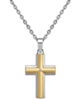 Macy's - Diamond Accent Cross Pendant Necklace in Stainless Steel and 10K Gold