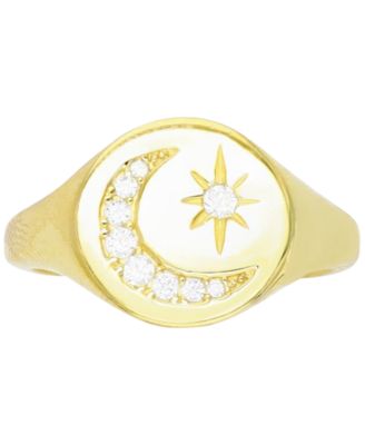 Macy's - Cubic Zirconia Crescent Moon & Star Signet Ring in 14k Gold-Plated Sterling Silver