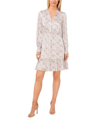 CeCe - Women's Printed Split-Neck Long-Sleeve Fit & Flare Dress