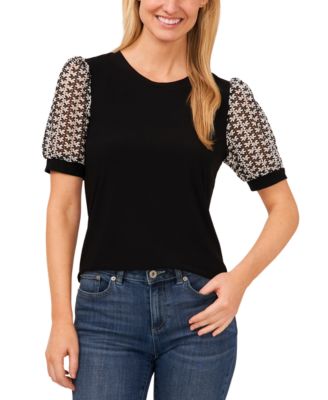 CeCe - Women's Crochet Puff-Sleeve Mixed-Media Knit Top