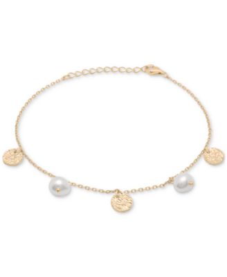 Macy's - Cultured Freshwater Pearl (6-7mm) & Textured Disc Charm Bracelet in 14k Gold-Plated Sterling Silver