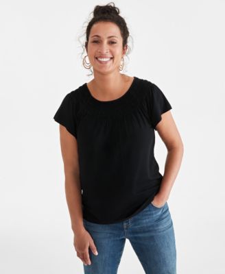 Style & Co - Women's Solid Smocked-Neck Knit Top