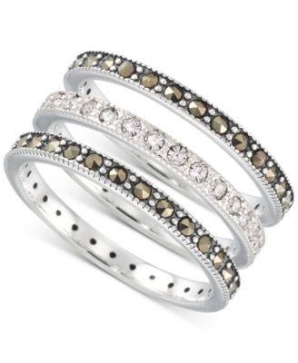 Macy's - 3-Pc. Set Marcasite (7/8 ct. t.w.) & Crystal Stack Rings in Sterling Silver