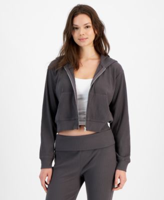 Hippie Rose - Juniors' Ribbed Cropped Full-Zip Hoodie