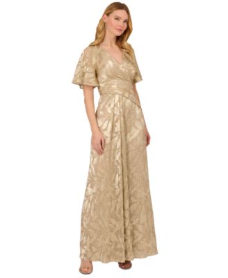 Adrianna Papell - Women's Foil Leaf Flutter-Sleeve Draped Gown