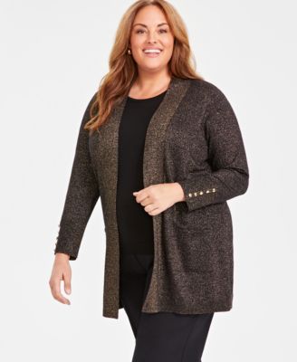 JM Collection - Plus Size Metallic Open-Front Cardigan