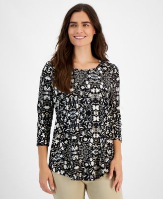 JM Collection - Women's Vintage Trellis 3/4-Sleeve Top