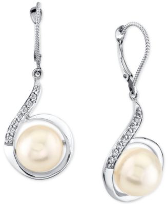 Macy's - Cultured Freshwater Pearl (10mm) & Diamond (1/6 ct.t.w.) Swirl Leverback Drop Earrings in 14k White Gold