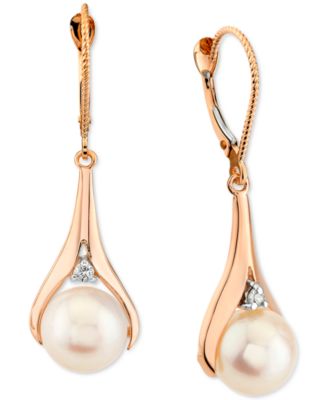 Macy's - Cultured Freshwater Pearl (8-1/2mm) & Diamond Accent Leverback Drop Earrings in 14k Rose Gold