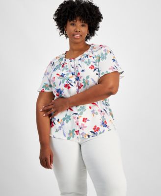 Style & Co - Plus Size Printed Round-Neck Flutter-Sleeve Top