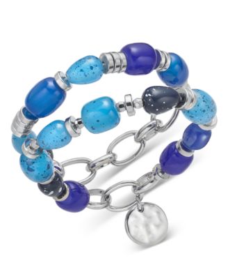 Style & Co - Silver-Tone 2-Pc. Set Hammered Disc Charm Stone Beaded Stretch Bracelets