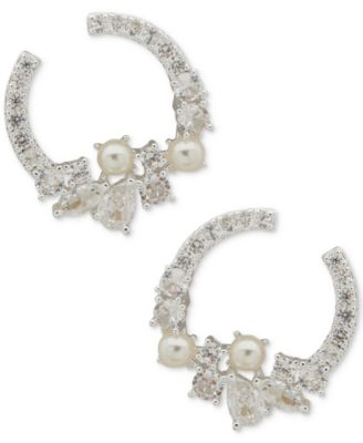 Anne Klein - Silver-Tone Cubic Zirconia & Imitation Pearl Cluster Front-to-Back Earrings