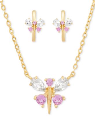 Macy's - 2-Pc. Set Lab Created Pink Sapphire (1/2 ct. t.w.) & Lab Created White Sapphire (1-1/20 ct. t.w.) Dragonfly Pendant Necklace & Matching Hoop Earrings in 14k Gold-Plated Sterling Silver