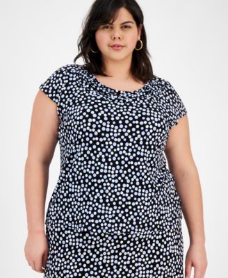 Kasper - Plus Size Printed Cowlneck Cap-Sleeve Blouse