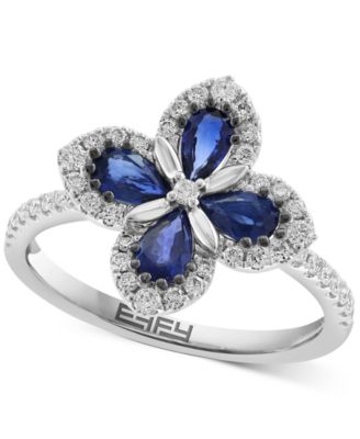 EFFY Collection - Blue Sapphire (3/4 ct. t.w.) & Diamond (1/3 ct. t.w.) Flower Statement Ring in 14k White Gold