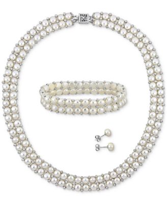 Macy's - Cultured Freshwater Pearl (6-8mm) 3-Pc. Set Double Row Strand Necklace, Stretch Bracelet & Stud Earrings in Sterling Silver