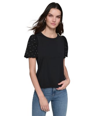 KARL LAGERFELD PARIS - Women's Embellished Puff Sleeve Top