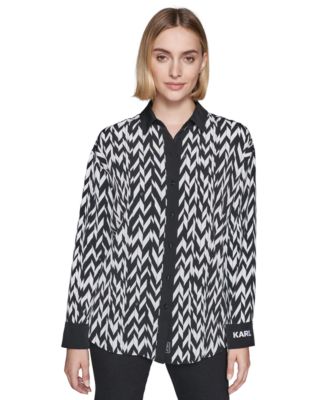 KARL LAGERFELD PARIS - Women's Printed Contrast-Trim Blouse