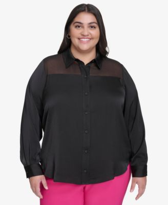 DKNY - Plus Size Mixed Media Button Front Blouse