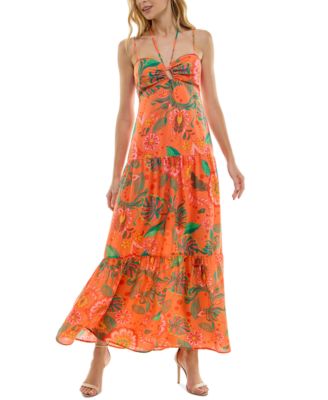 Crystal Doll - Juniors' Printed Keyhole Tiered Maxi Dress