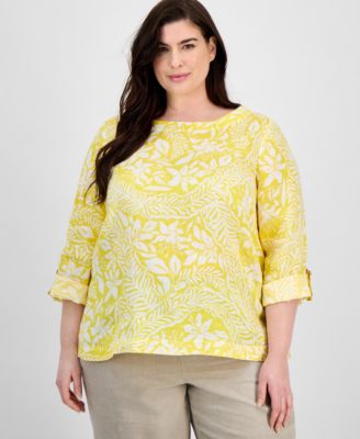 Charter Club - Plus Size Linen Printed Roll-Tab-Sleeve Top