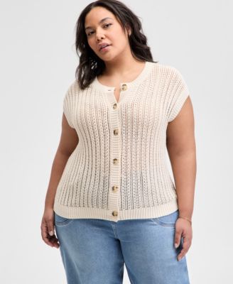 And Now This - Trendy Plus Size Cap-Sleeve Crewneck Cardigan
